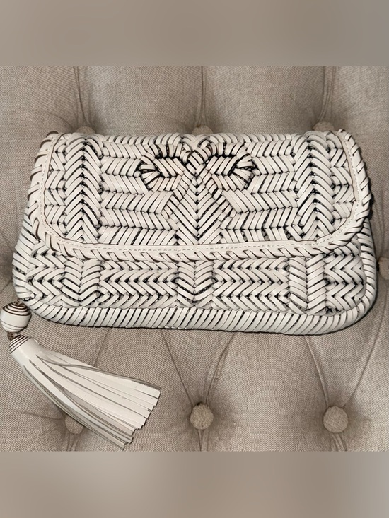 Anya Hindmarch Handbags - Anya Hindmarch Chalk White Neeson Woven Leather Flap Clutch Tassel Bag